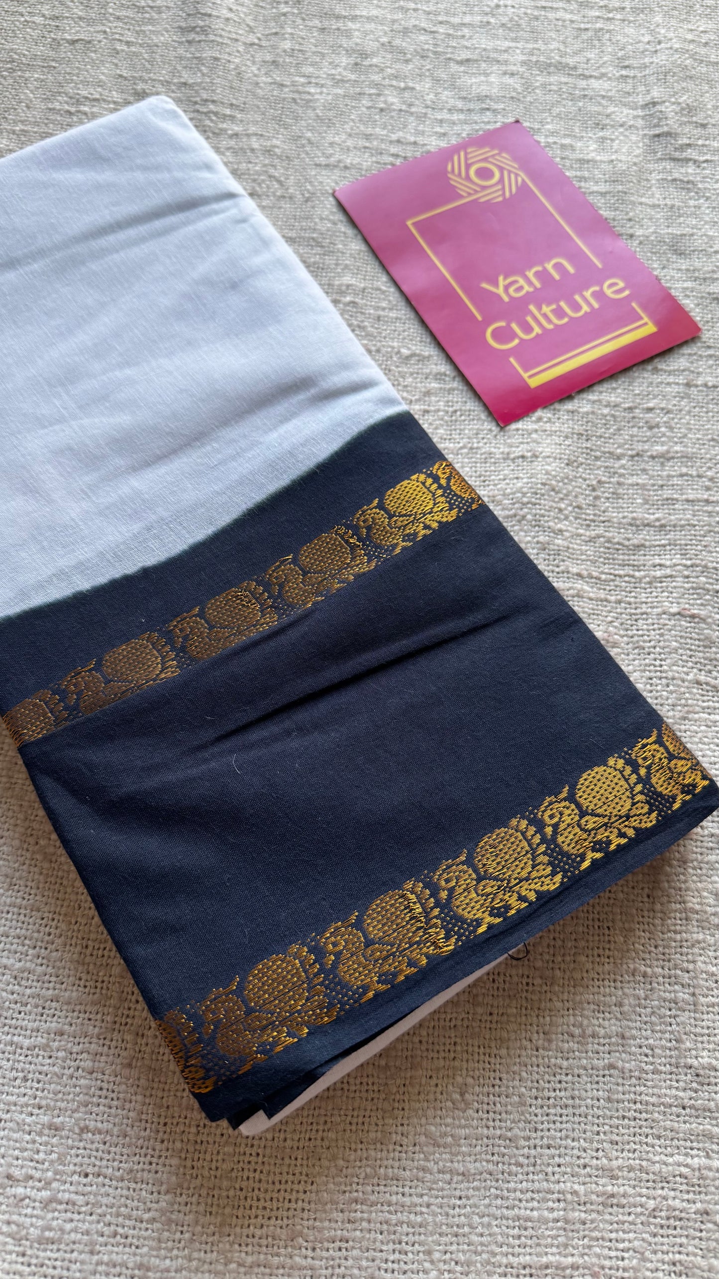 White and black rettaipettu peacock double bordered, kattuchayam dyed madurai cotton saree - YCCOTNMSFE90