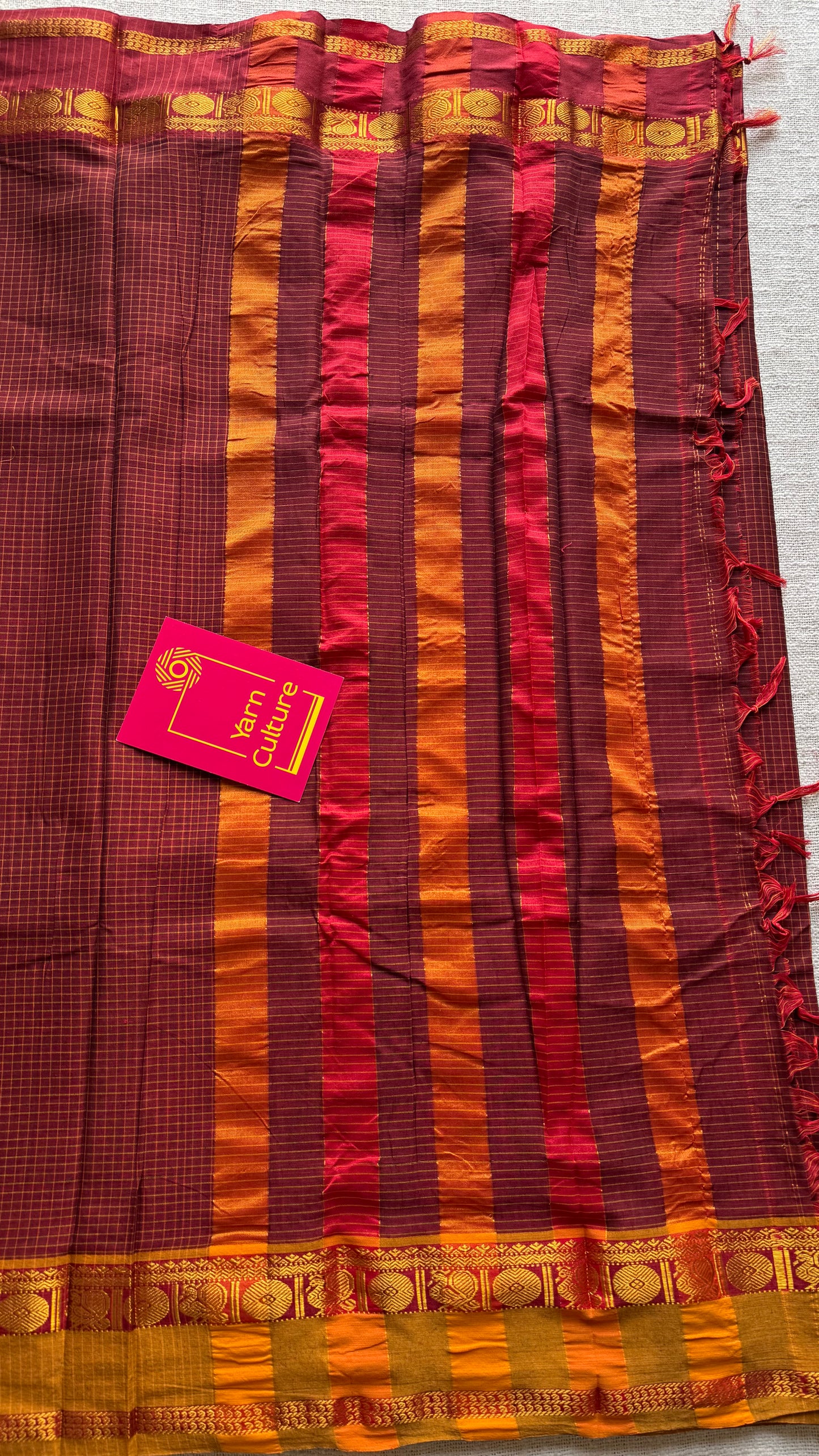 Maroon checks with red and yellow ganga jamuna borders, premium narayanpet soft cotton - YCWOTDNPJA157