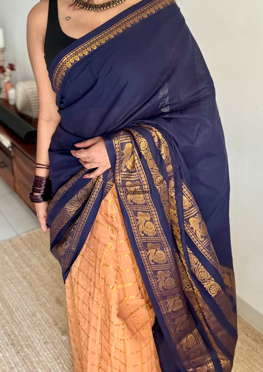 Dark blue with musk, sungudi cotton half-half saree - YCCOTNIDMA318