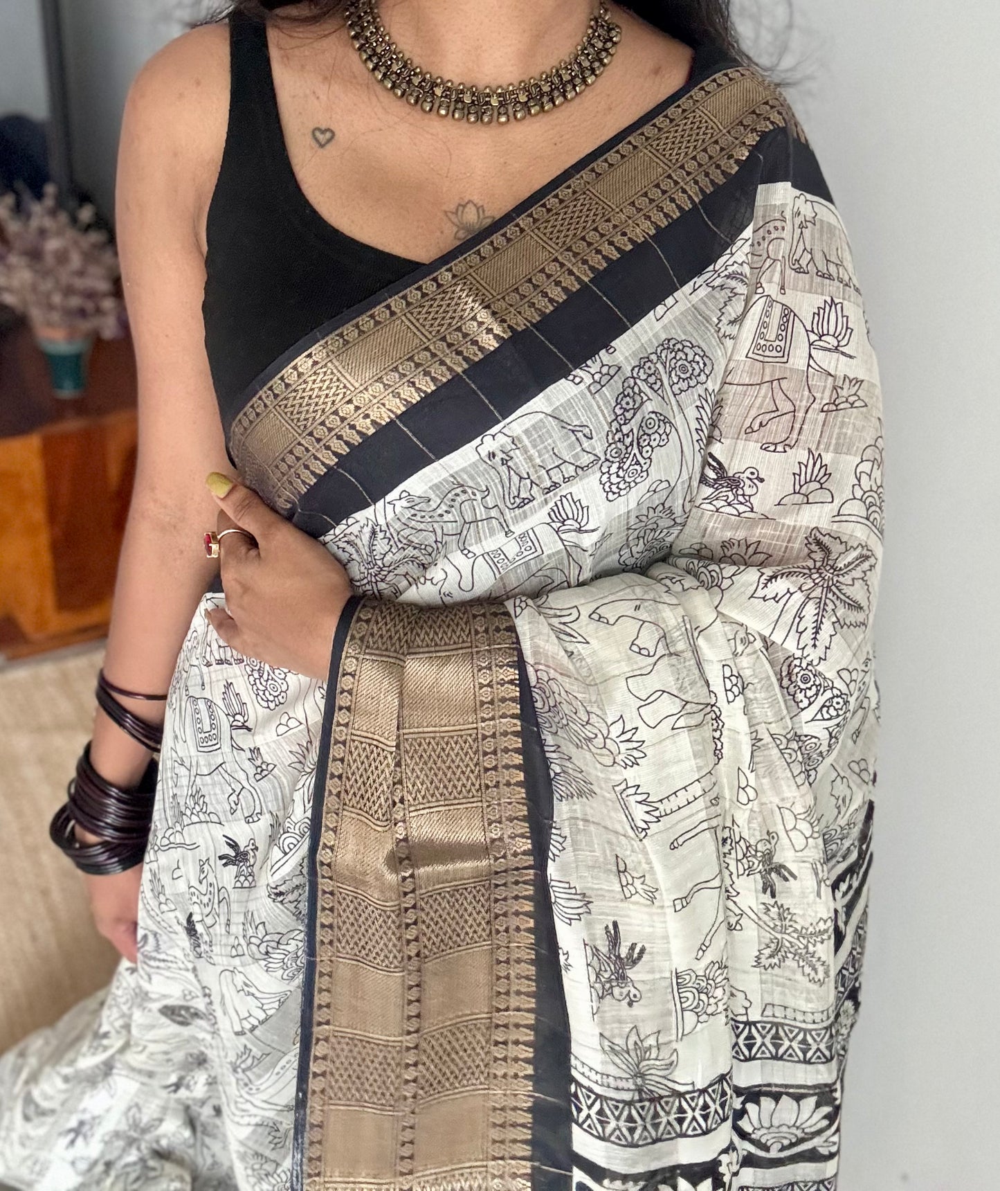 Off white and black, printed kalamkari, semi-tussar - YCWOTDSTK09