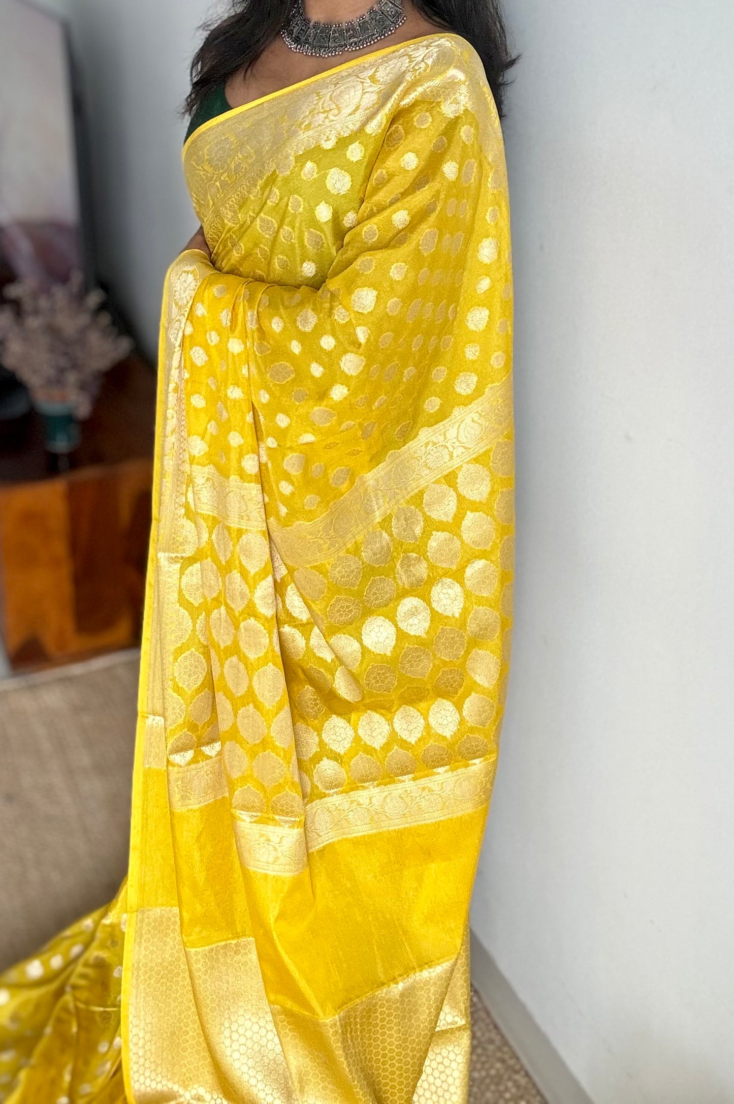 Lemon yellow, silver buttas and zari, Banarasi semi-silk - YCDESE34