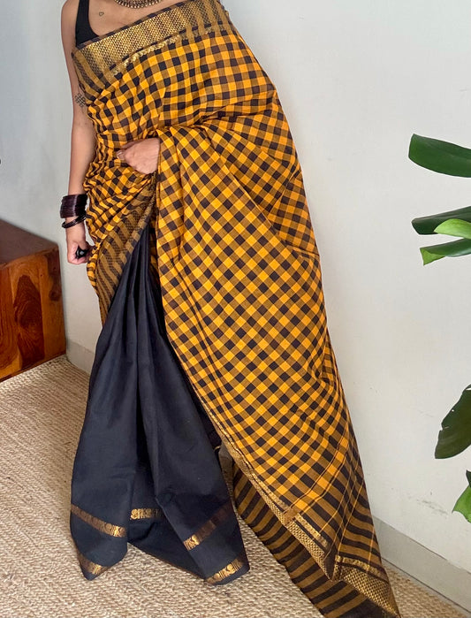 Yellow and black checks with black, sungudi and chettinad cotton half-half saree - YCCOTNIDOC29