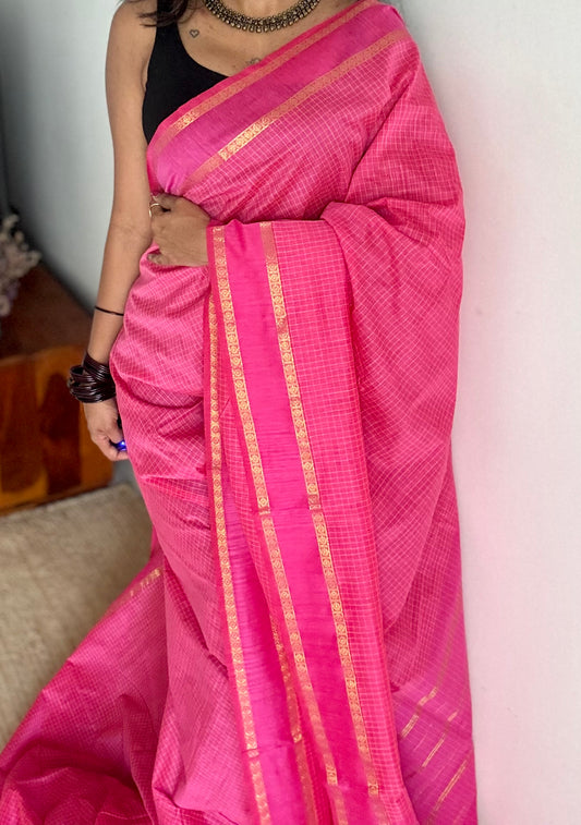 Hot pink, arani checks, cotton silk - YCCOTNOCAR08