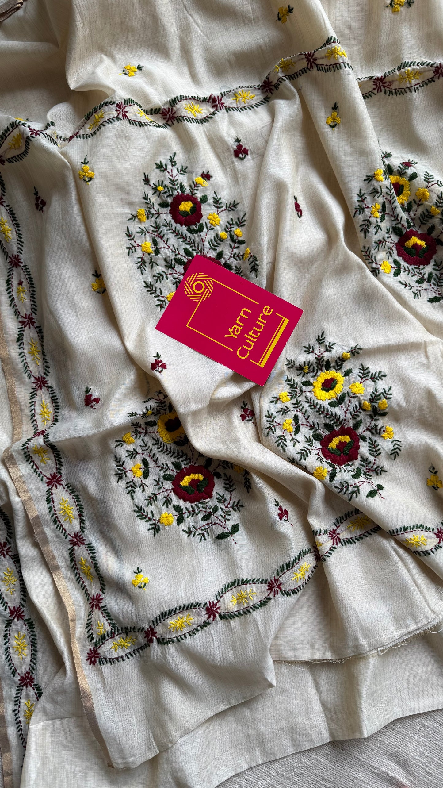 Ivory maheshwari cotton silk blend with yellow and maroon floral kantha threadwork - YCBLJULMK07