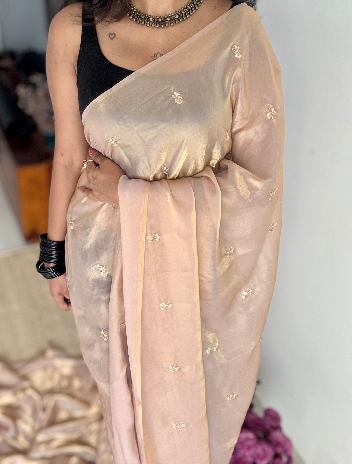 Light gold with a hint of pink, fendy satin with sequin work, contrast maroon blouse - YCDOSFE12