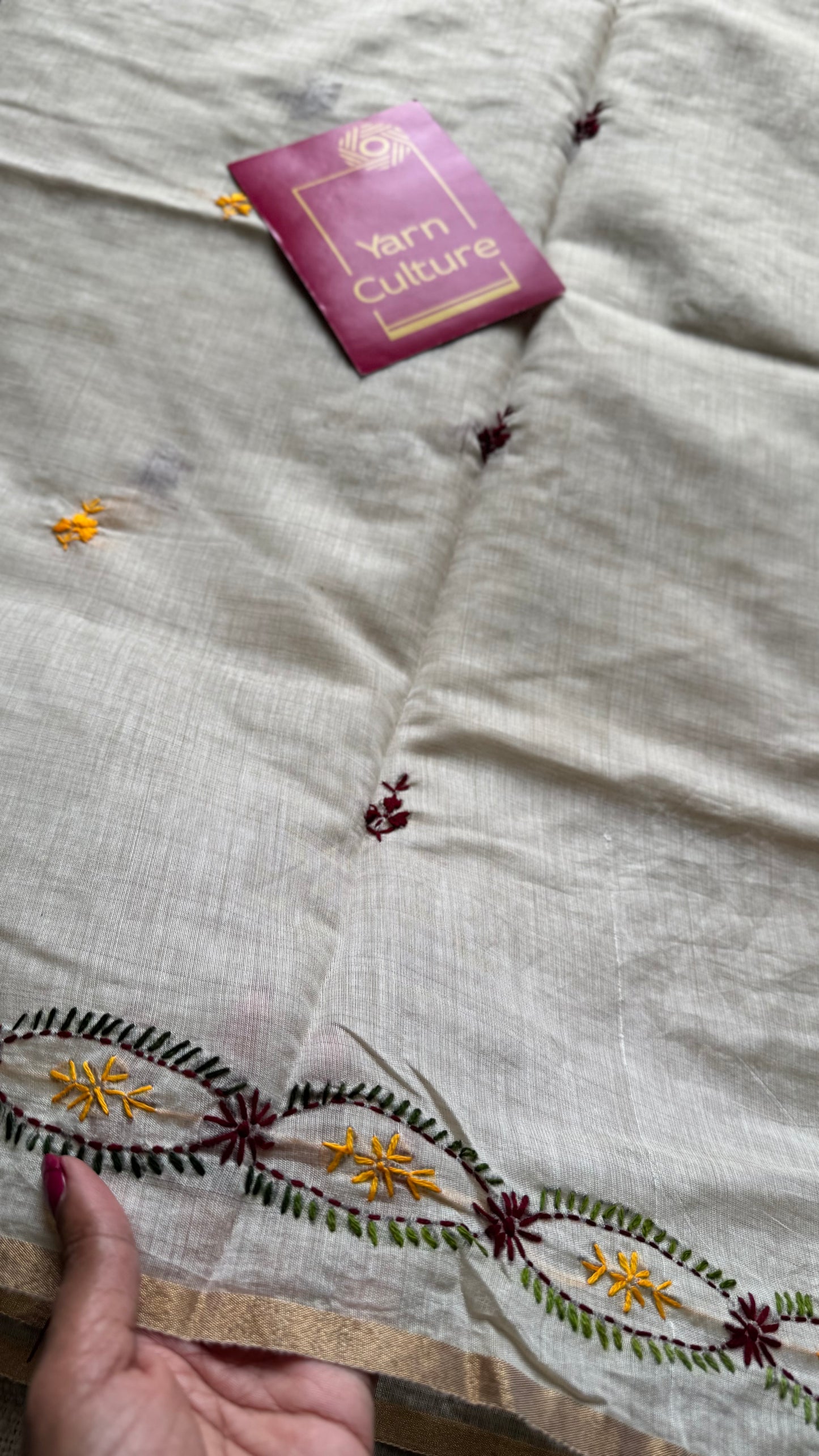 Ivory maheshwari cotton silk blend with maroon and dark yellow floral kantha threadwork - YCBLJULMK05