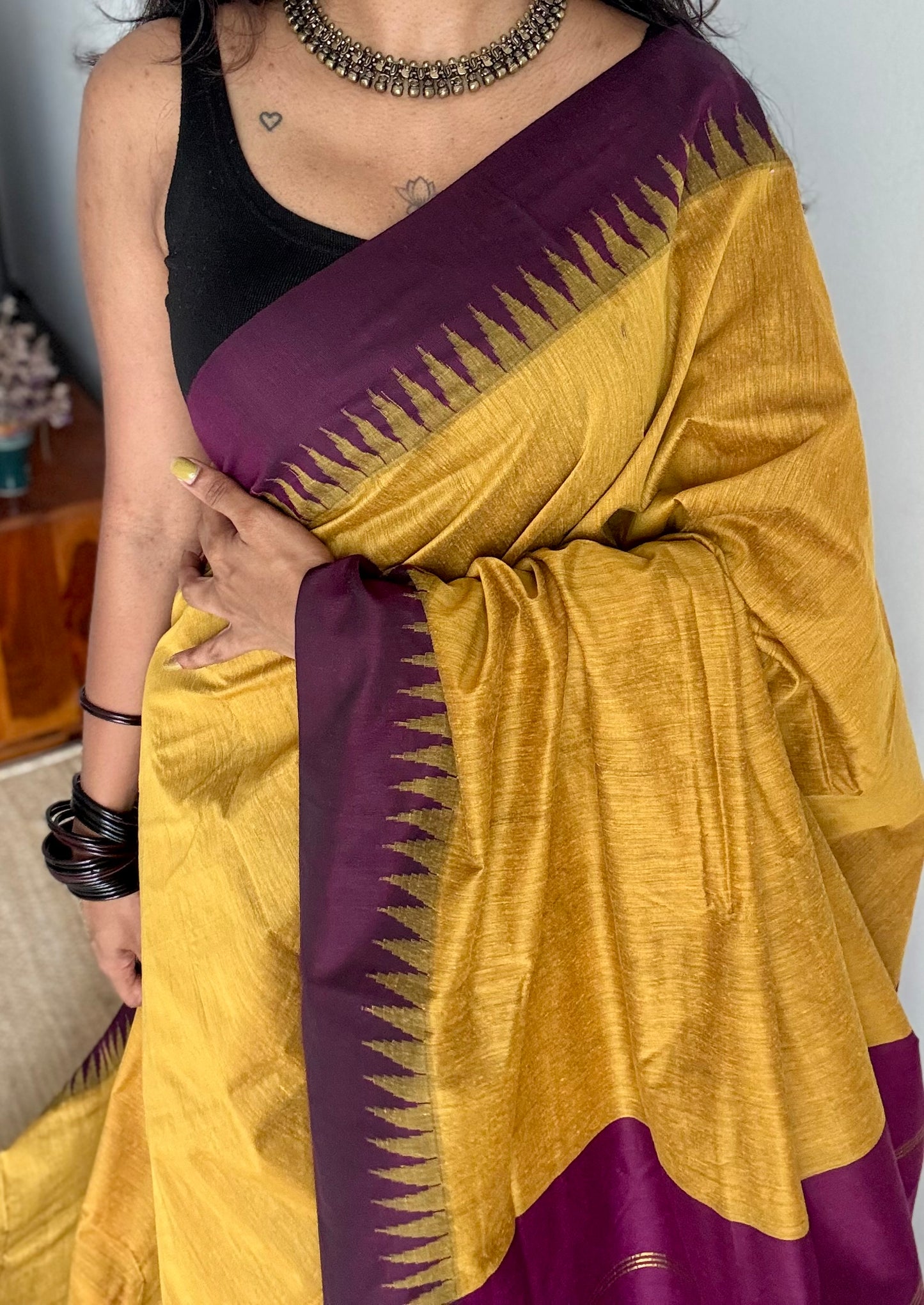 Yellow with wine temple border - kalyani cotton silk -YCCOTNSEKCS14