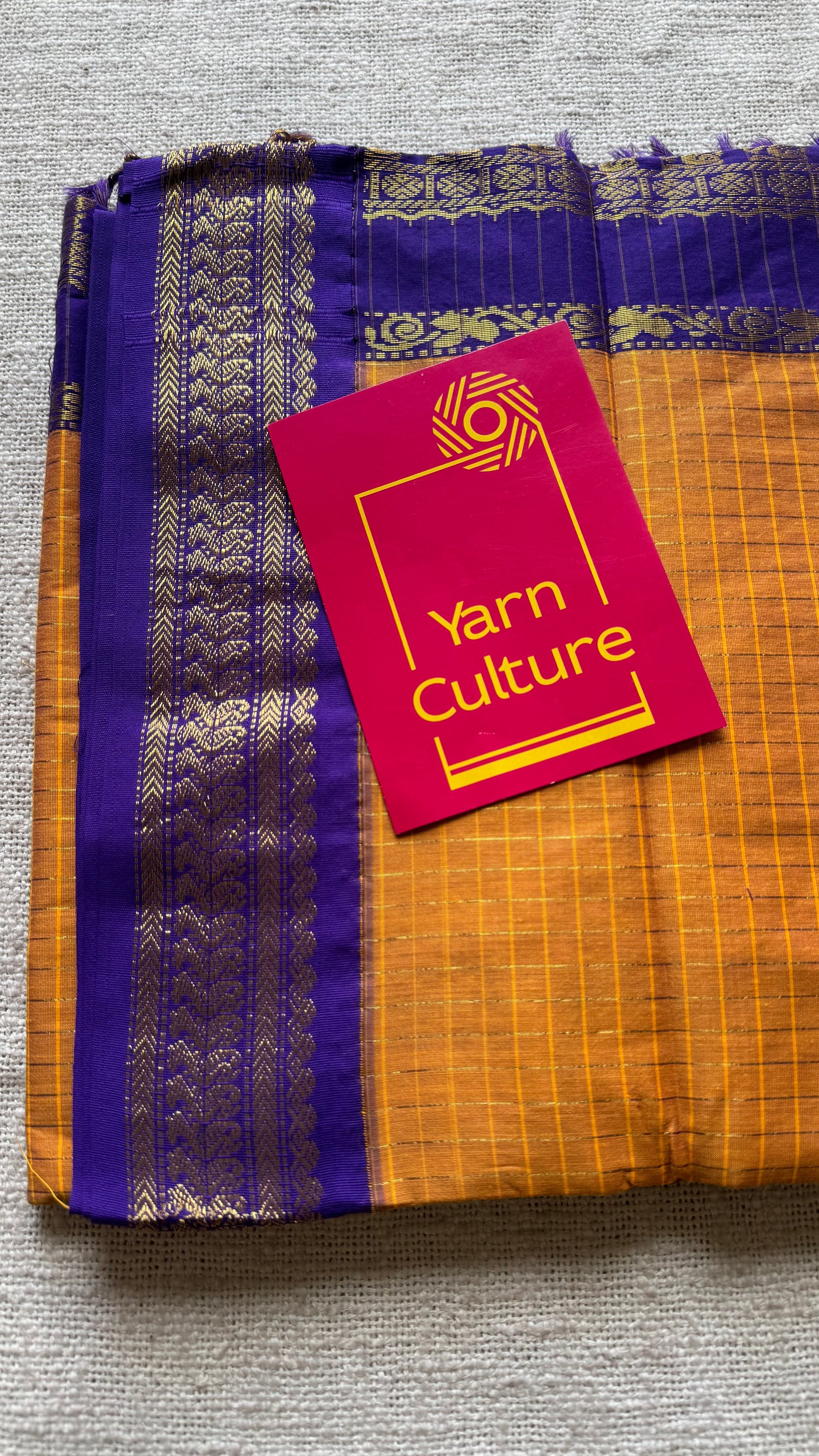 Yellowish orange with purple, checks - cotton silk - YCCOTNOCKC39