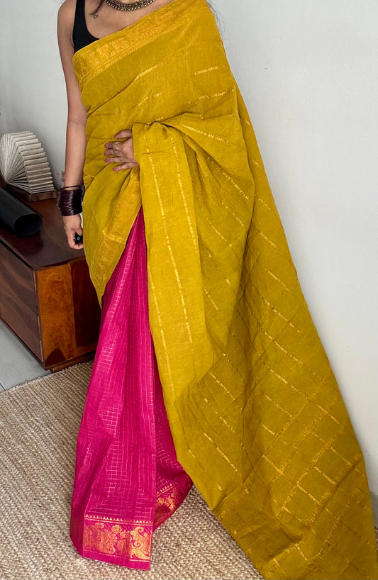Lime green with hot pink, sungudi cotton half-half saree - YCCOTNIDMA291