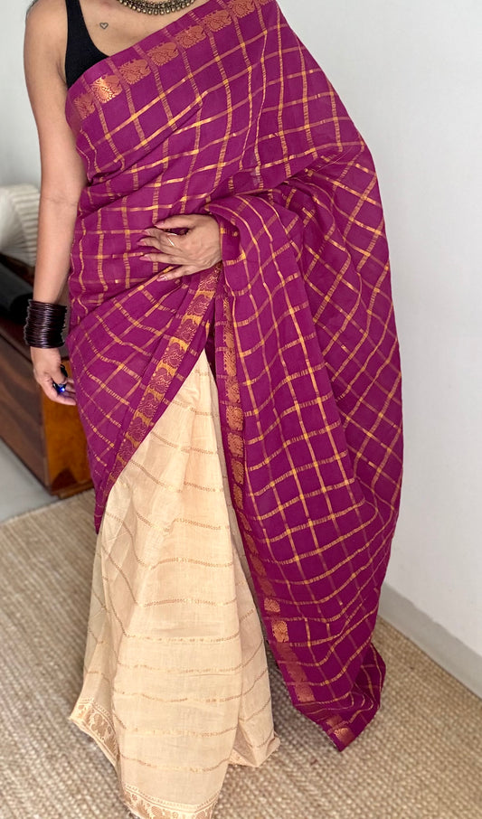 Vadamalli with cream, sungudi cotton half-half saree - YCCOTNIDMA285