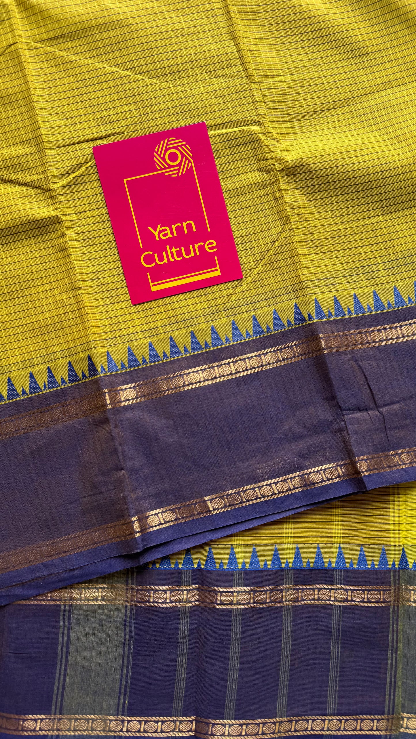 Ginger green with deep purple border, temple motifs, checkered body, kanchi cotton - YCCOTNOCKC28
