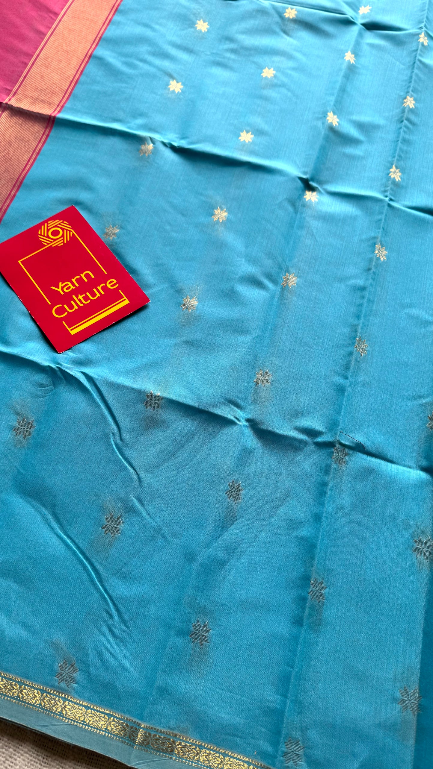 Sky blue with pink, gold buttas, semi maheshwari cotton silk - YCCOTNFEJUSM06