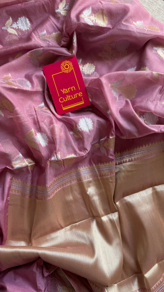 Dusty pink with gold and silver floral buttas, Banarasi semi-crepe silk - YCDESE46