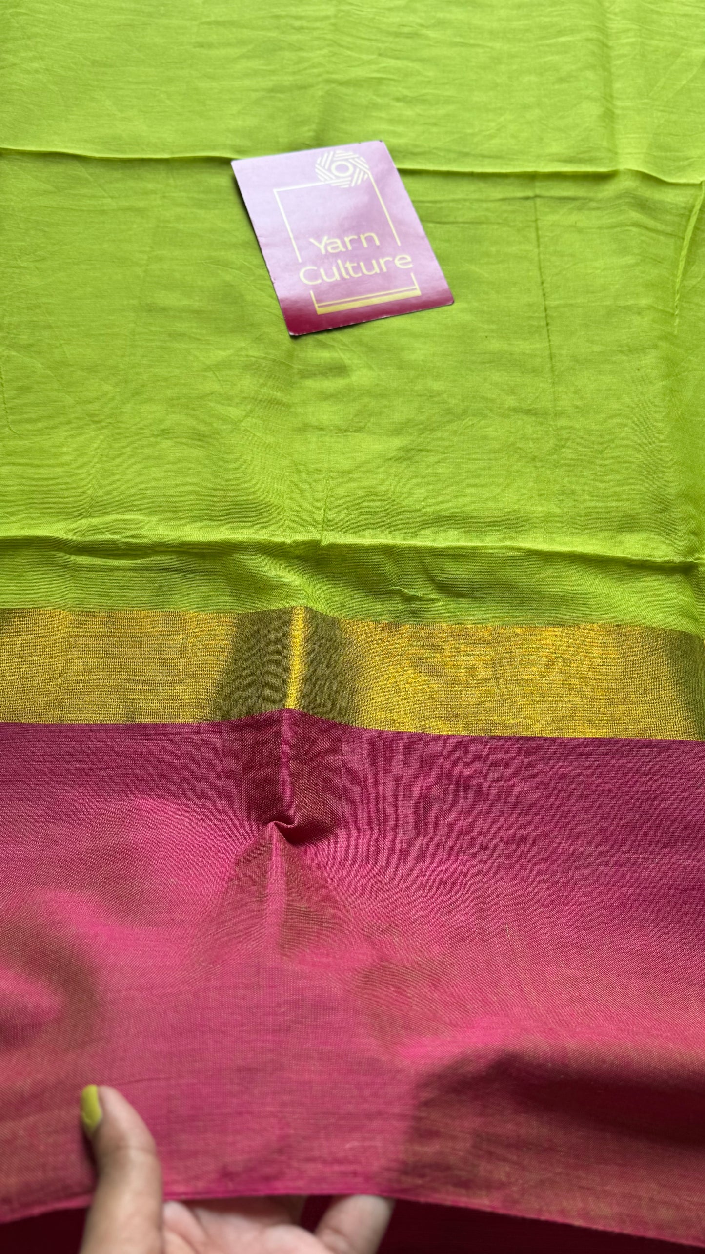 Lime green with contrast dark pink border, gold zari - YCBCMCLSE13