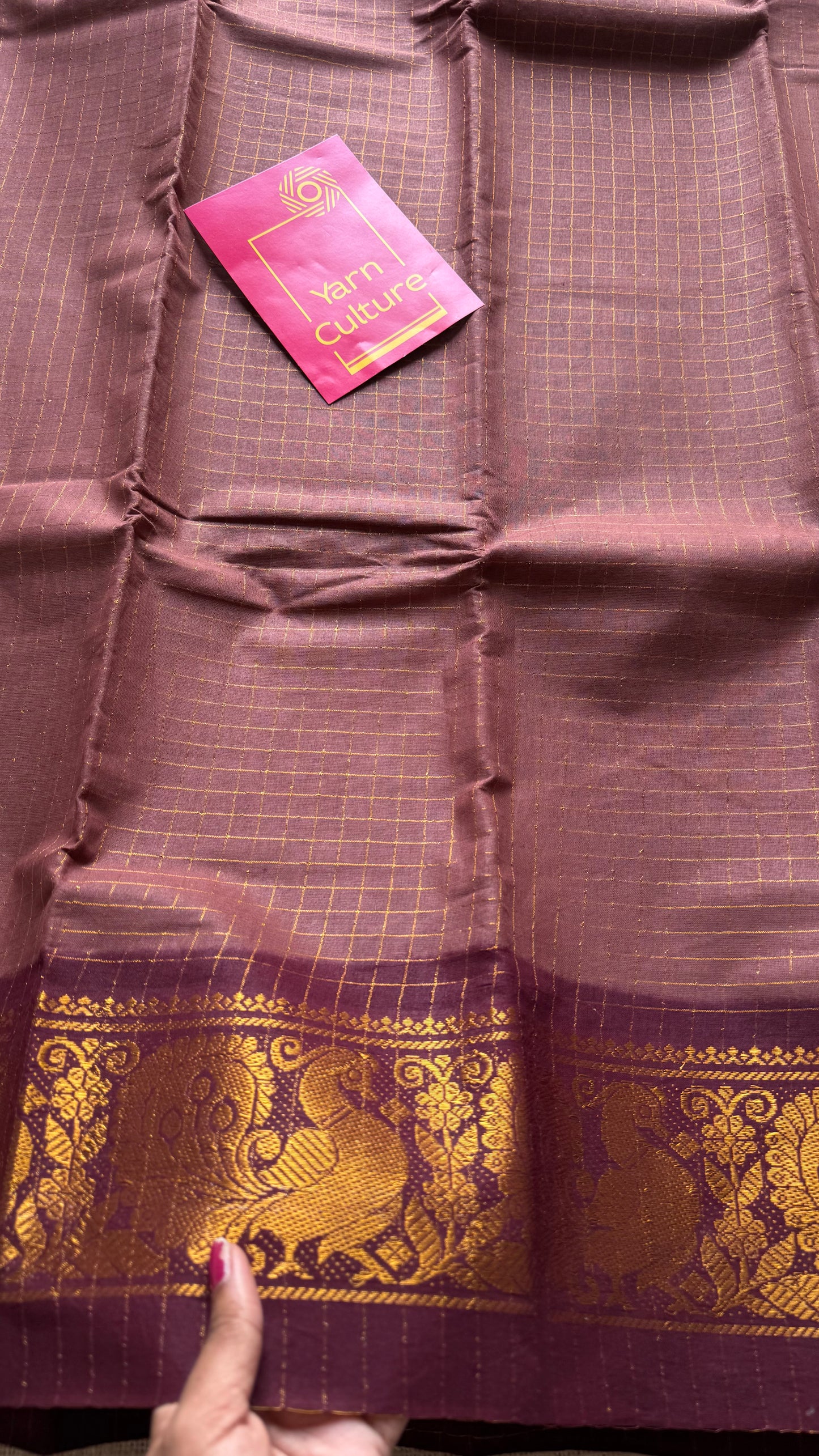 Light brown with maroon sungudi, madurai cotton - YCCOTNOCSC19