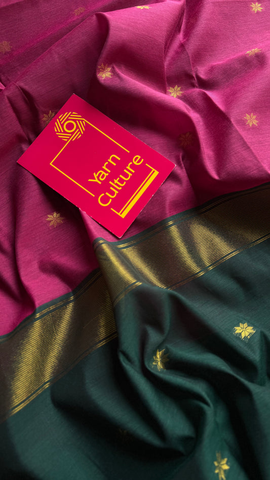 Berry pink with green, gold buttas, semi maheshwari cotton silk - YCCOTNFEJUSM04