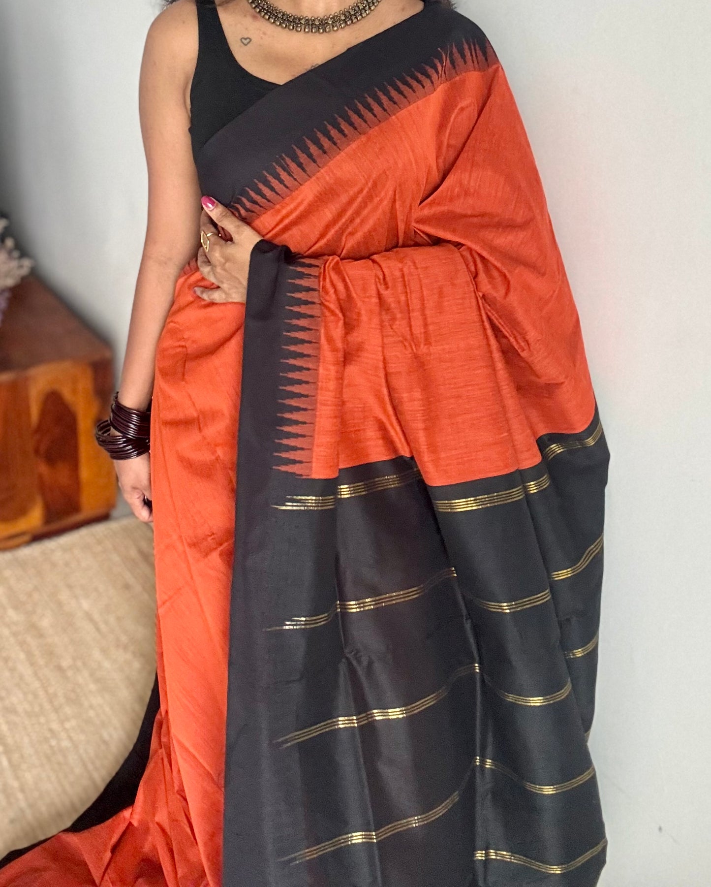 Dark orange with black temple border - cotton silk - YCCOTNOCKCS8