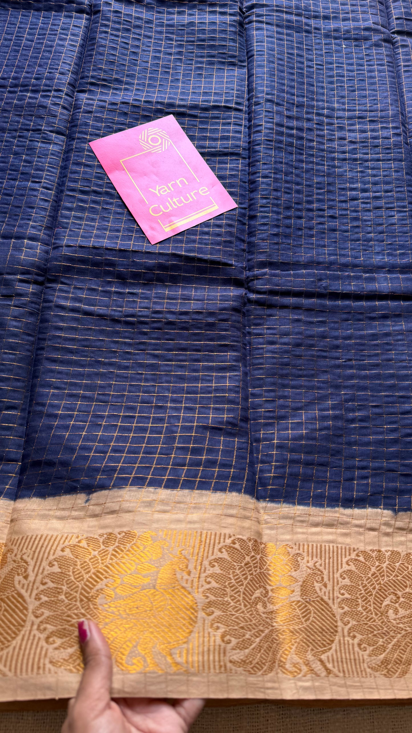 Navy blue with cream checkered sungudi, madurai cotton - YCCOTNOCSC24