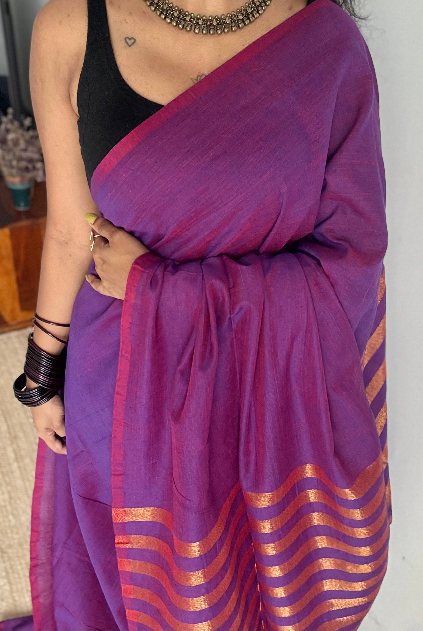 Purple pink dual tone khadi with antique gold pallu - YCBCKZPSE06
