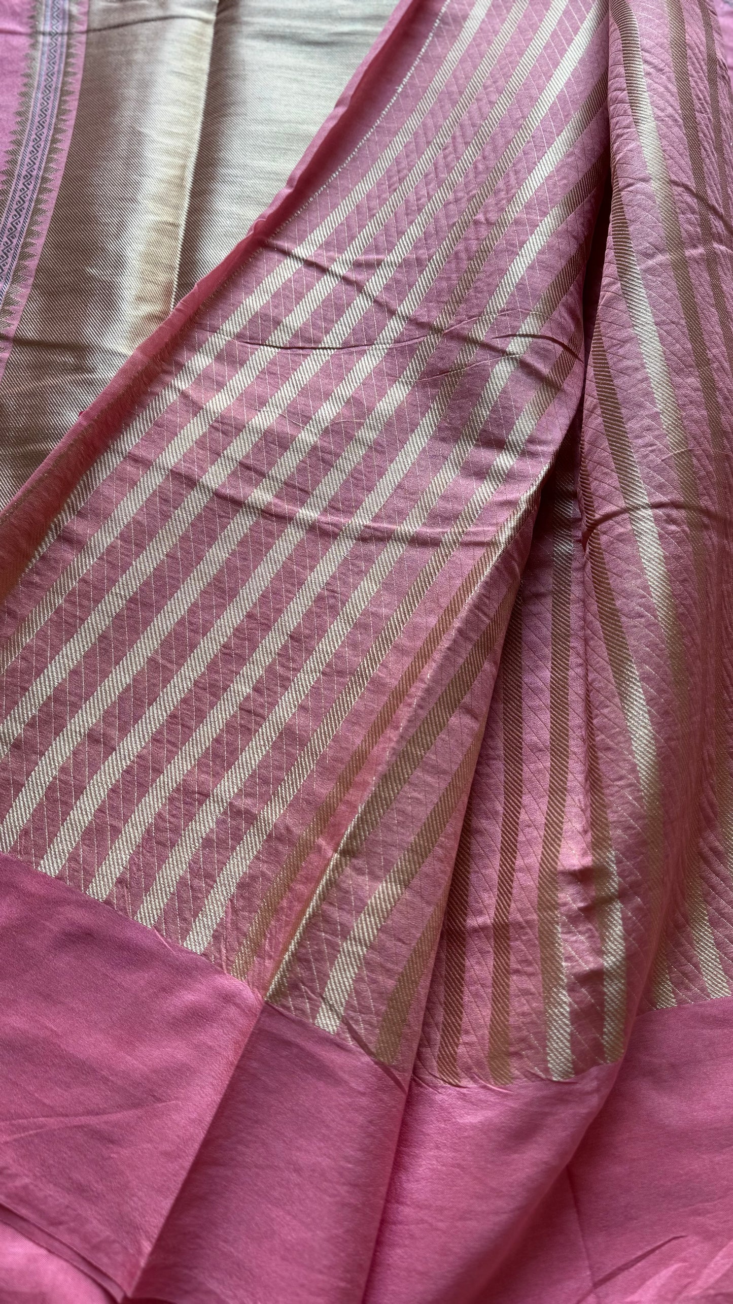 Pink with gold and silver floral buttas, Banarasi semi-crepe silk - YCDESE47