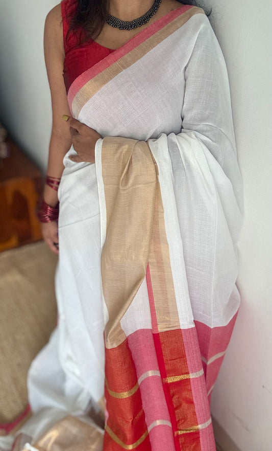 White with gold zari border, soft cotton - YCBCDP12