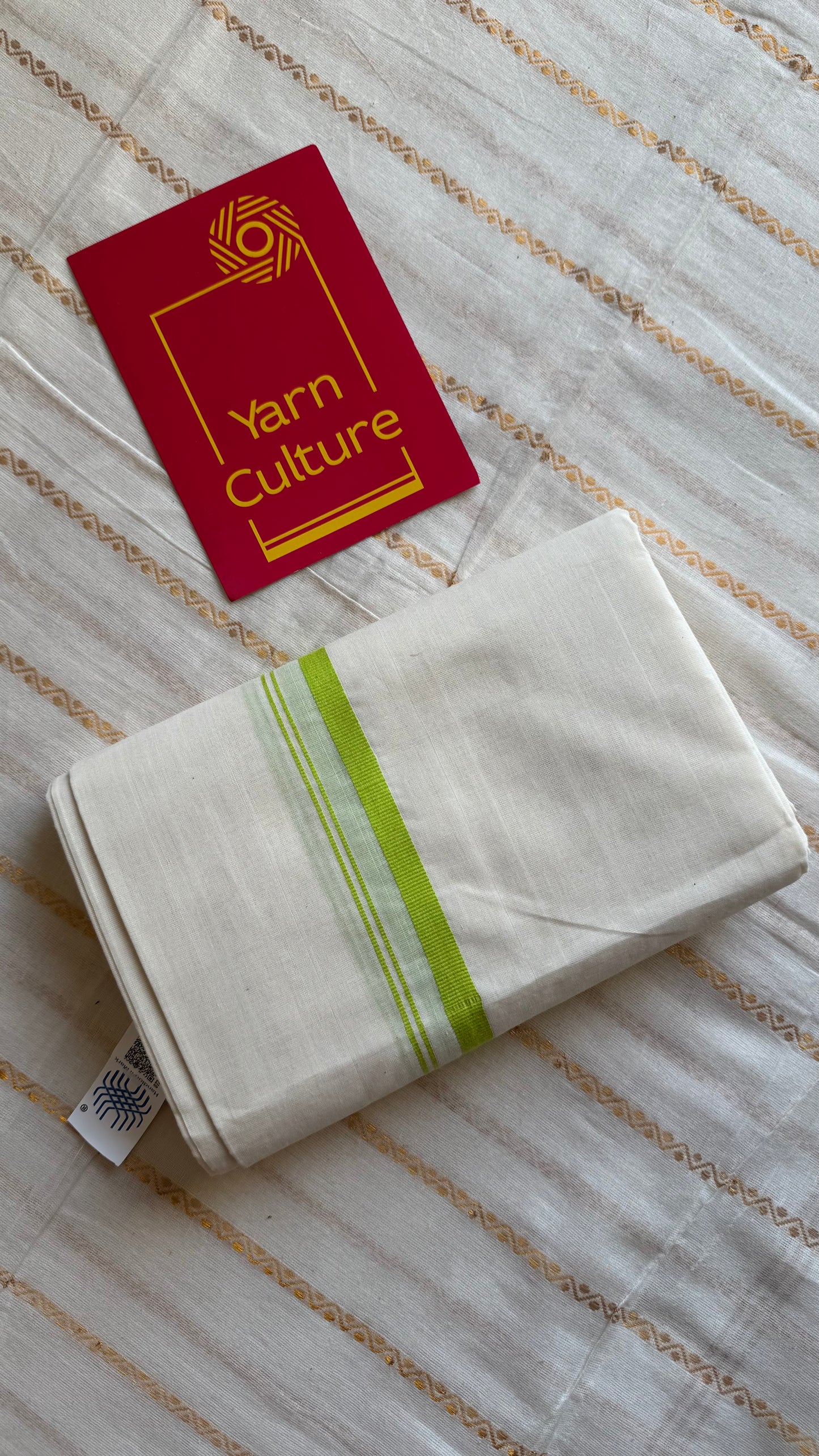 Ivory Chendamangalam Handloom Double Mundu with Light Green Kara | Soft Cotton Men's Dhoti- YCMSEIE177