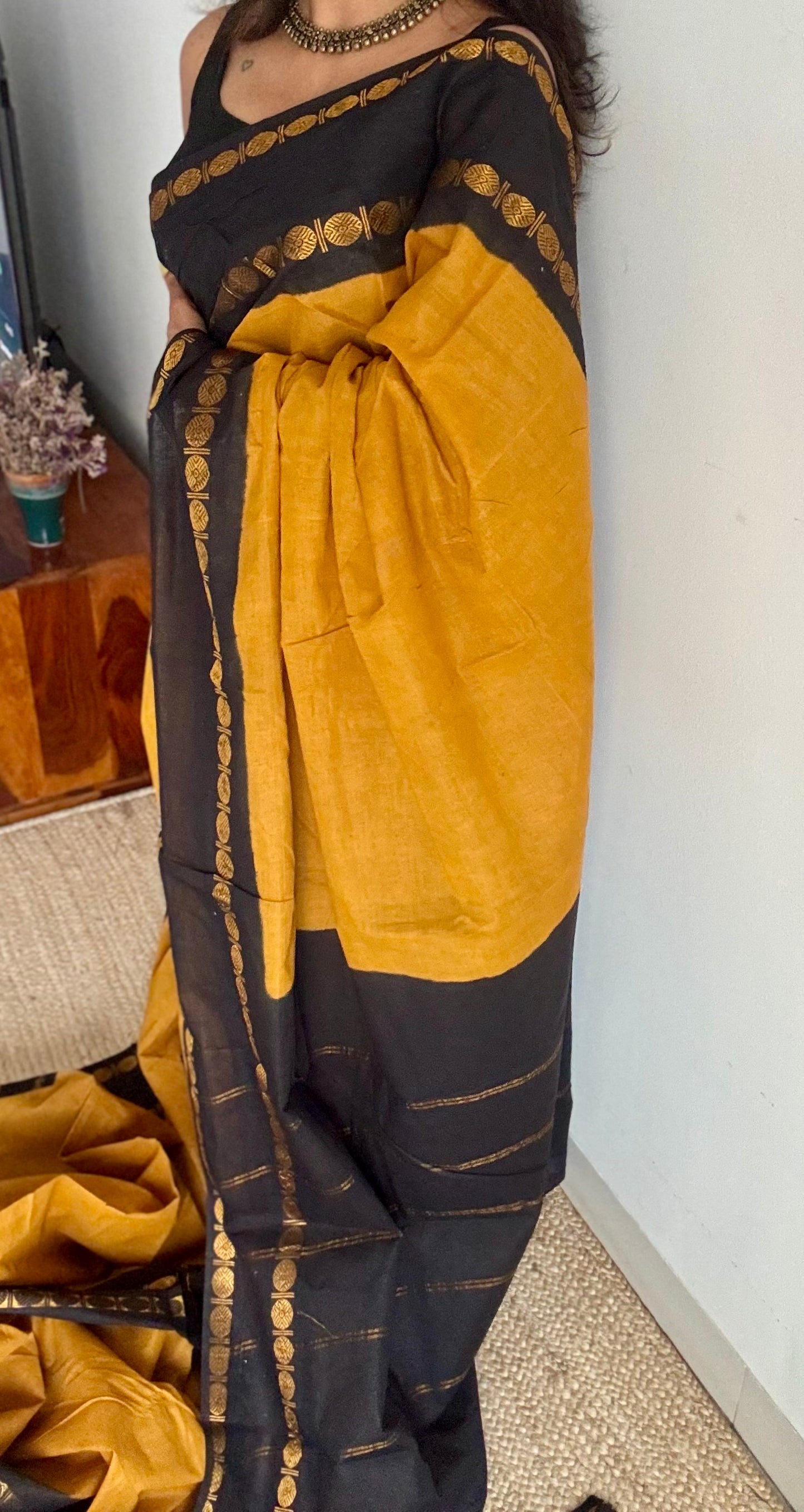 Turmeric yellow with black rudraksham motif border - YCCOTNSEMS53