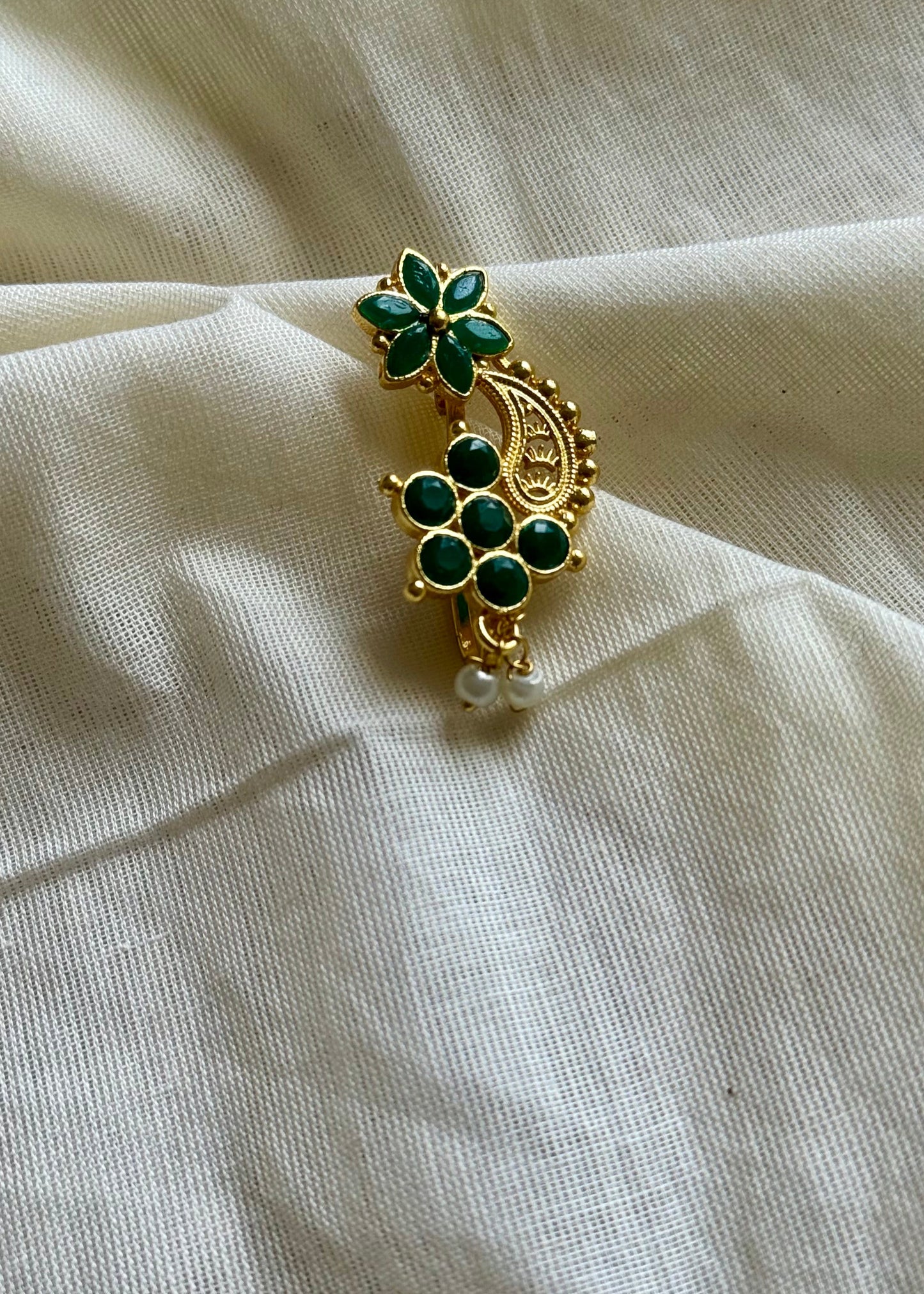 Gold plated, green floral pattern, clip on Maharashtrian nath - YCGPNC205