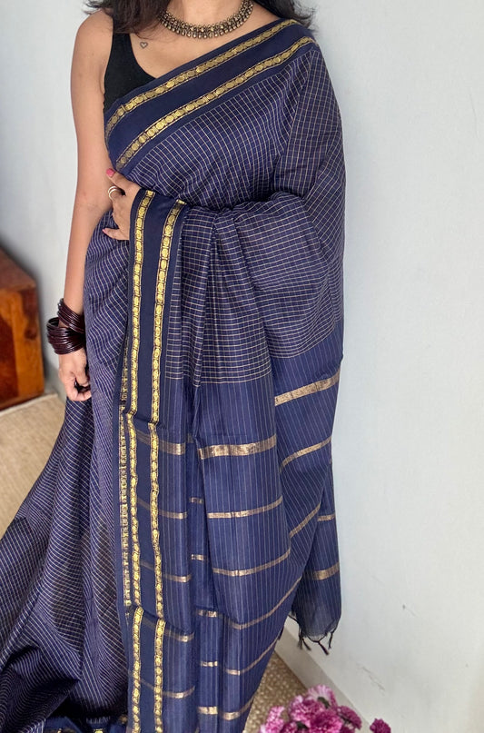 Dark blue, arani checks, cotton silk - YCCOTNOCAR03