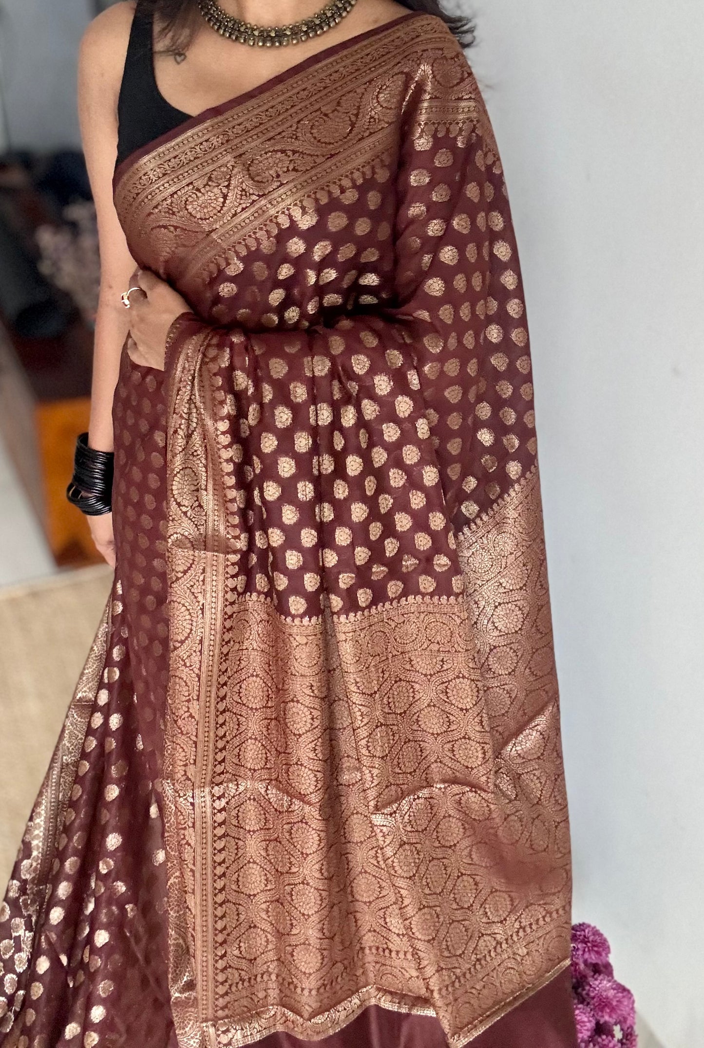 Mocha - Dark brown, antique gold zari, Banarasi semi georgette - YCBLFEGAGZ15