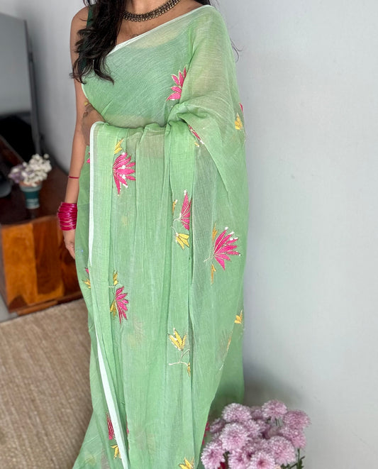 Mint green mul with lotus sequin embroidery - YCBCMCNO68