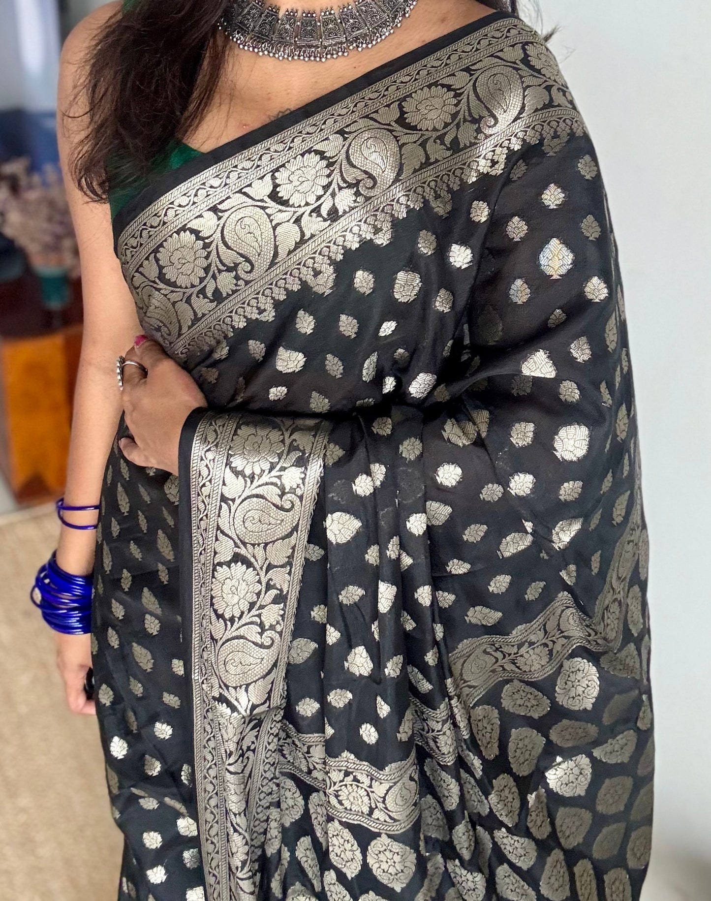 Black, silver buttas and zari, Banarasi semi-silk - YCDESE45
