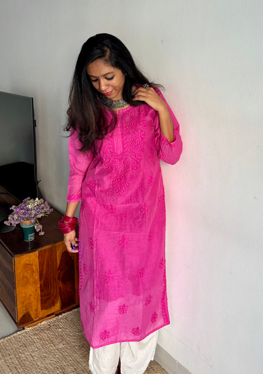 Hot pink muslin chanderi chikankari with bakhiya work, stitched kurta, round neck, three fourth sleeves - YCSECKJA150