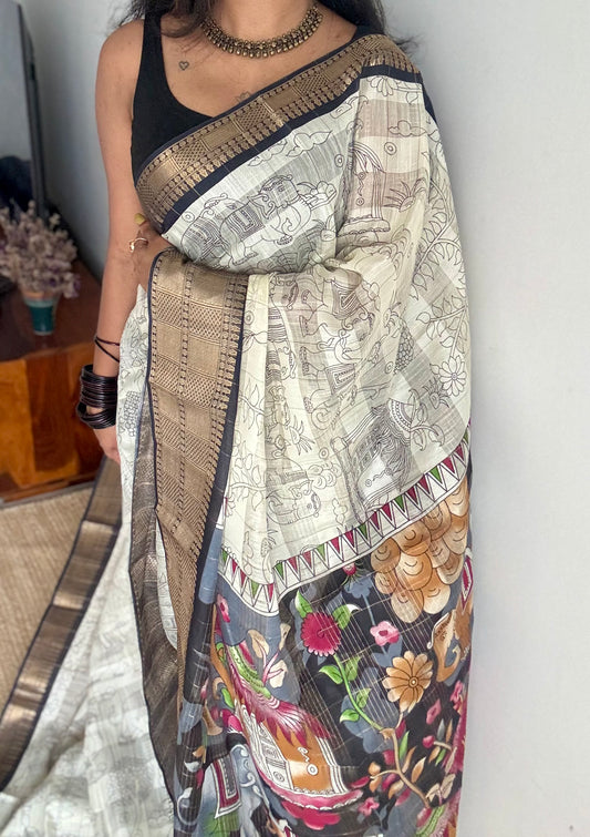 Off white and black, printed kalamkari, semi-tussar - YCWOTDSTK08