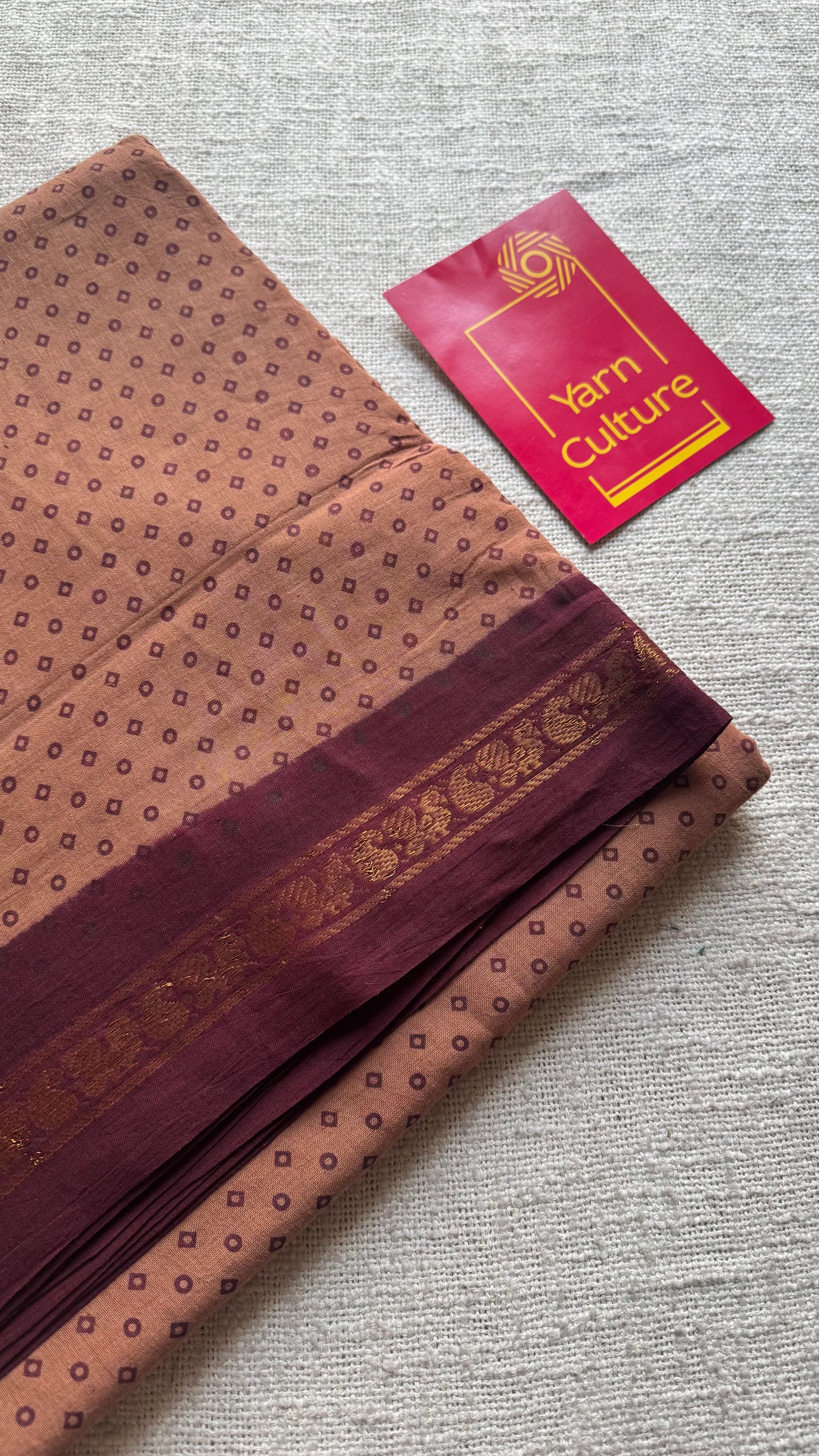 Madisar saree (9 yards) - Light brown with maroon, motif printed, kattuchayam dyed madurai sungudi cotton saree - YCCOTNMSFE79