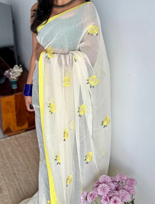 Cream mul with lemon yellow rose thread embroidery - YCBCMCNO76