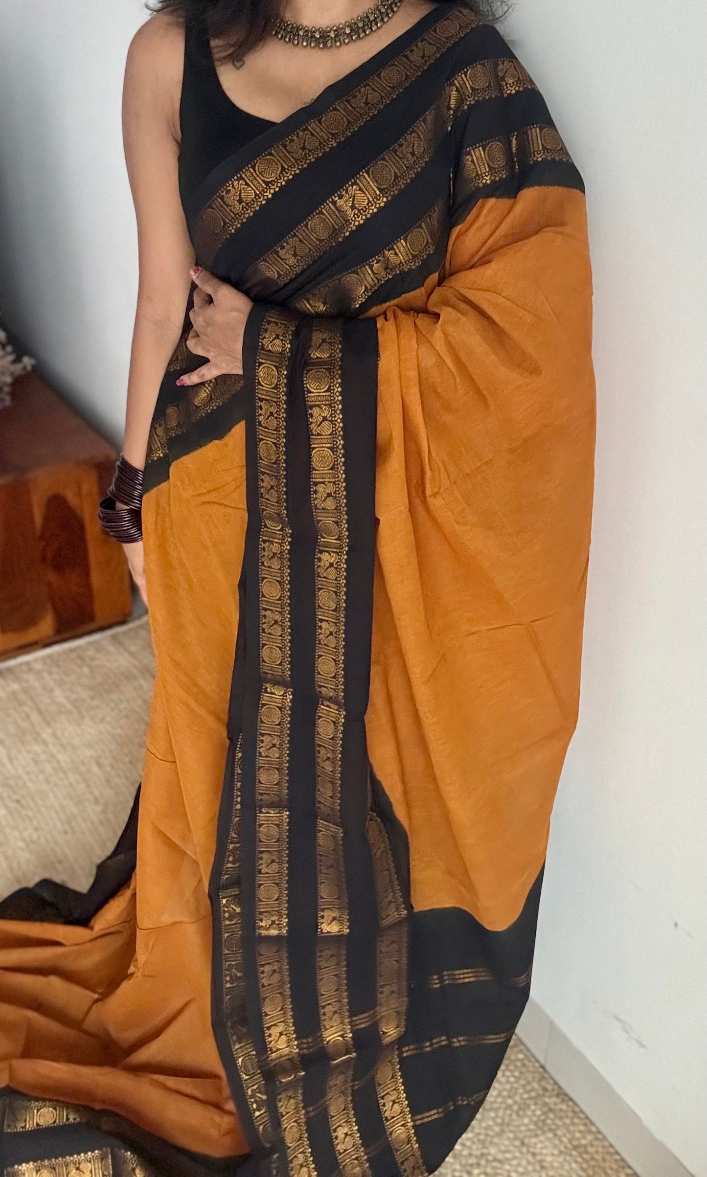 Turmeric yellow with black border, peacock and rudraksham motif, madurai soft cotton - YCCOTNJUSC01