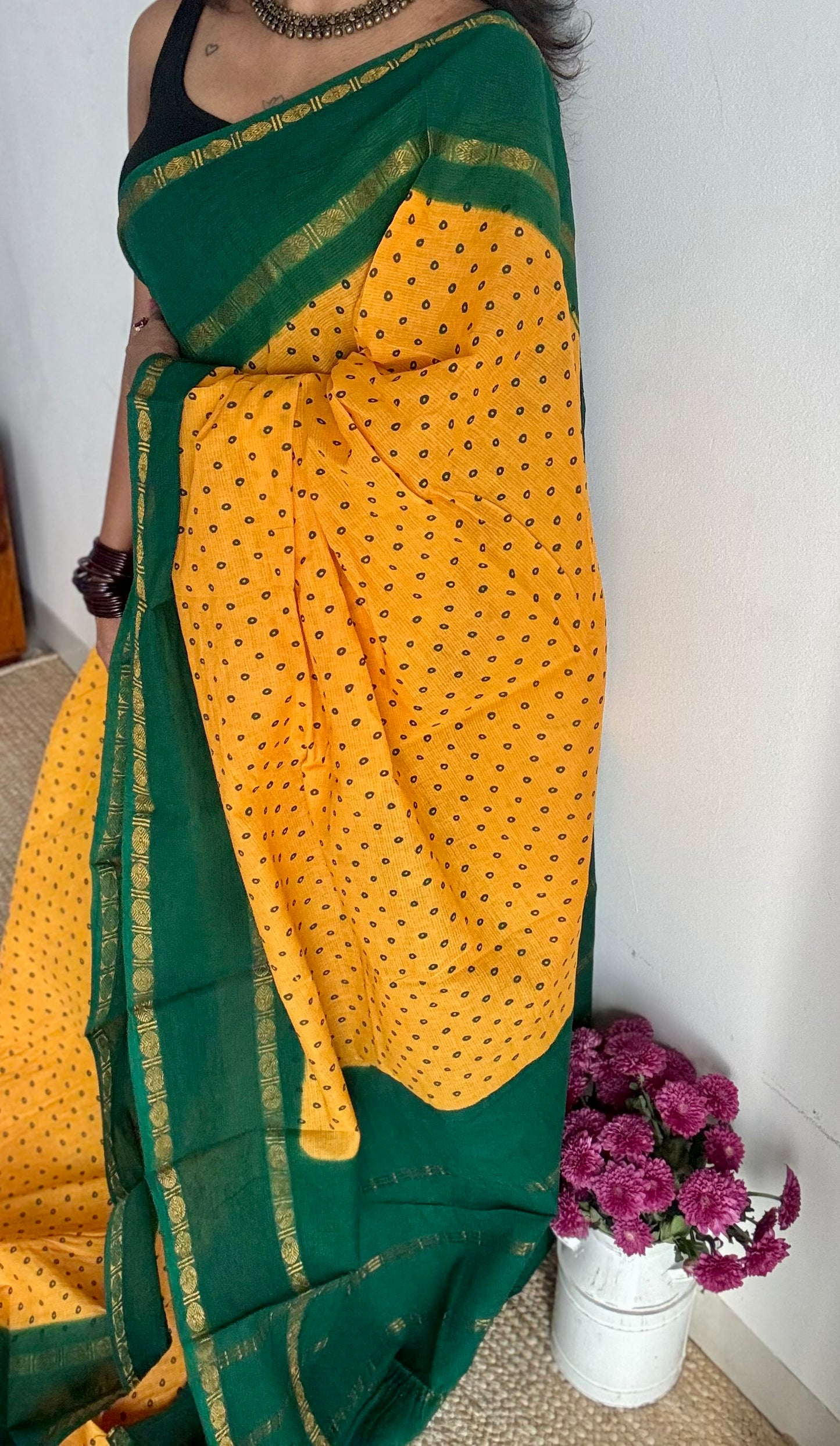 Yellow with green, sungudi motif and rudraksham border, madurai soft cotton - YCCOTNAUSC06