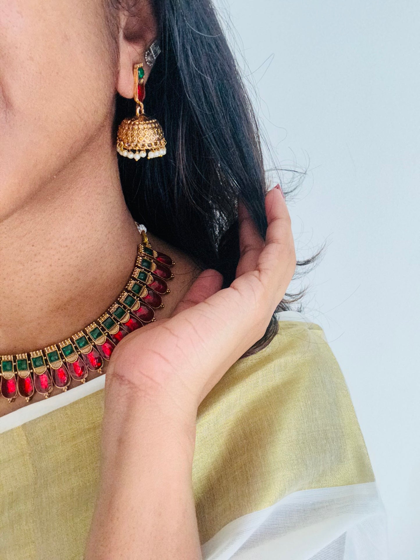 Red nagapadam necklace with jhumkas - YCAGC137