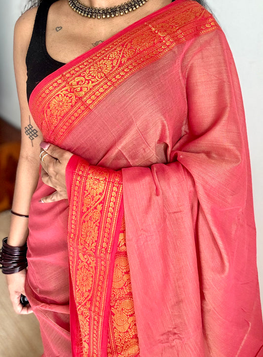 Light red with red wide border, narayanpet soft cotton saree -YCWOTDAUG04