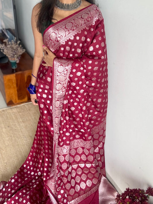 Maroon, silver buttas and zari, Banarasi semi-silk - YCDESE39