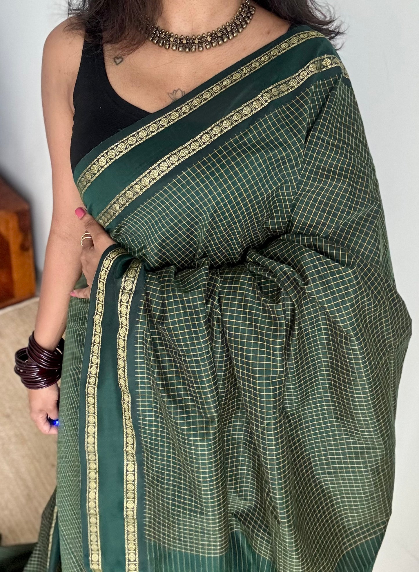 Dark green, arani checks, cotton silk - YCCOTNJUAR08