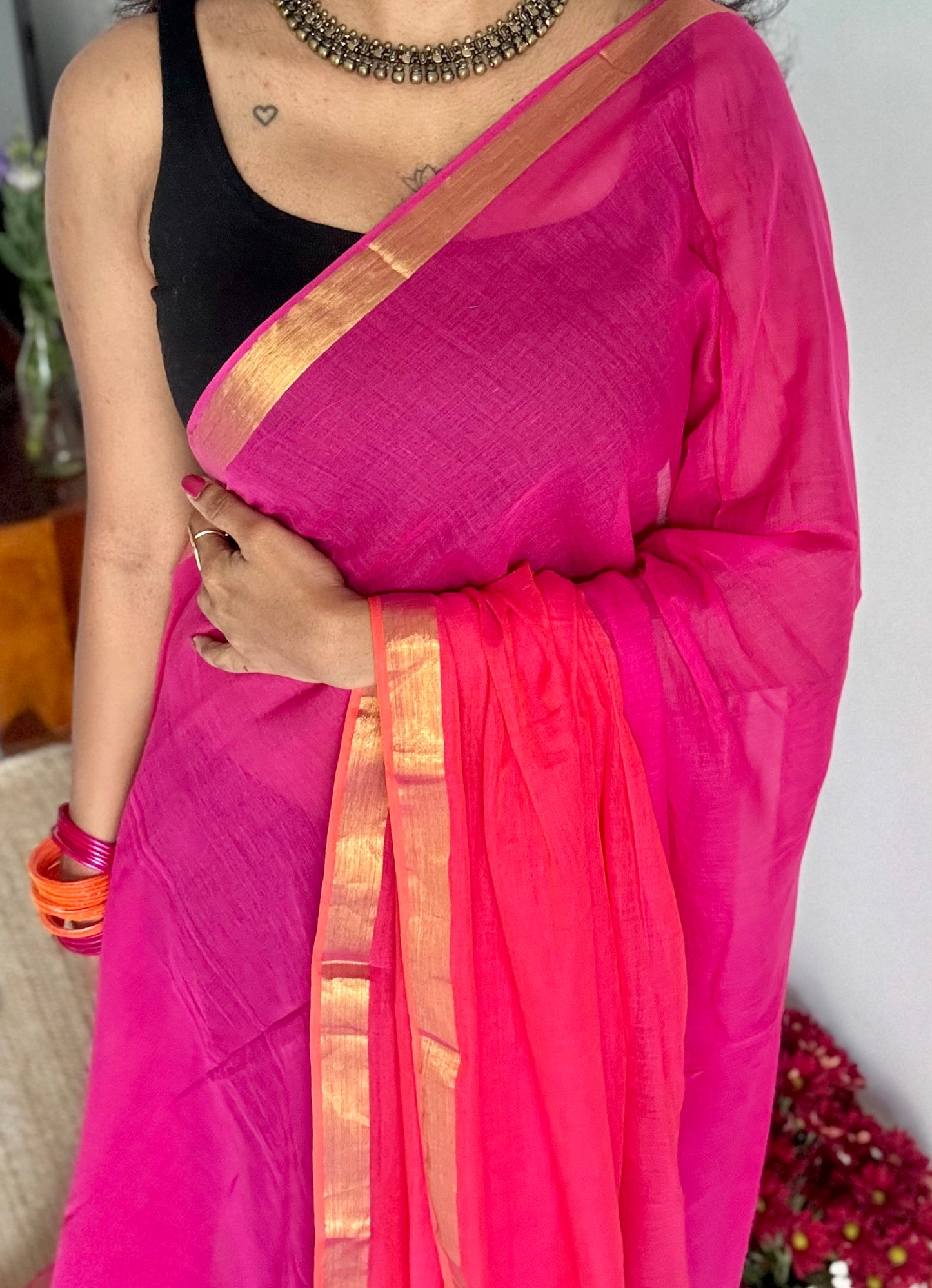 Magenta with dual tone orangish pink mul, thin antique gold zari border- YCBCMCLSE33