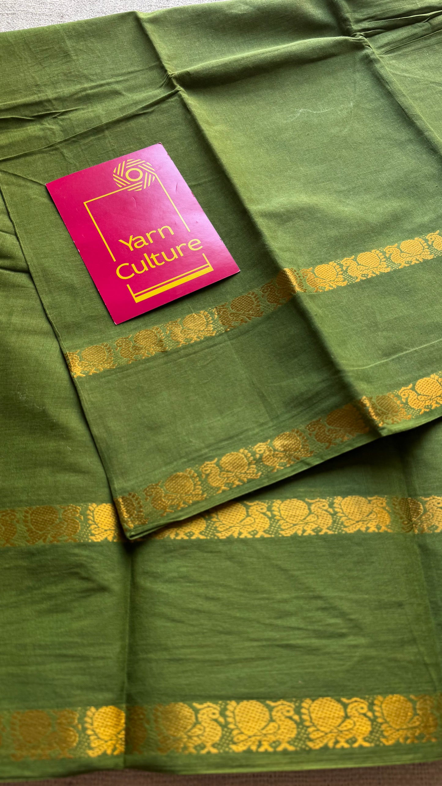 Olive green rettaipettu peacock double bordered, kattuchayam dyed madurai cotton saree - YCCOTNMSFE271