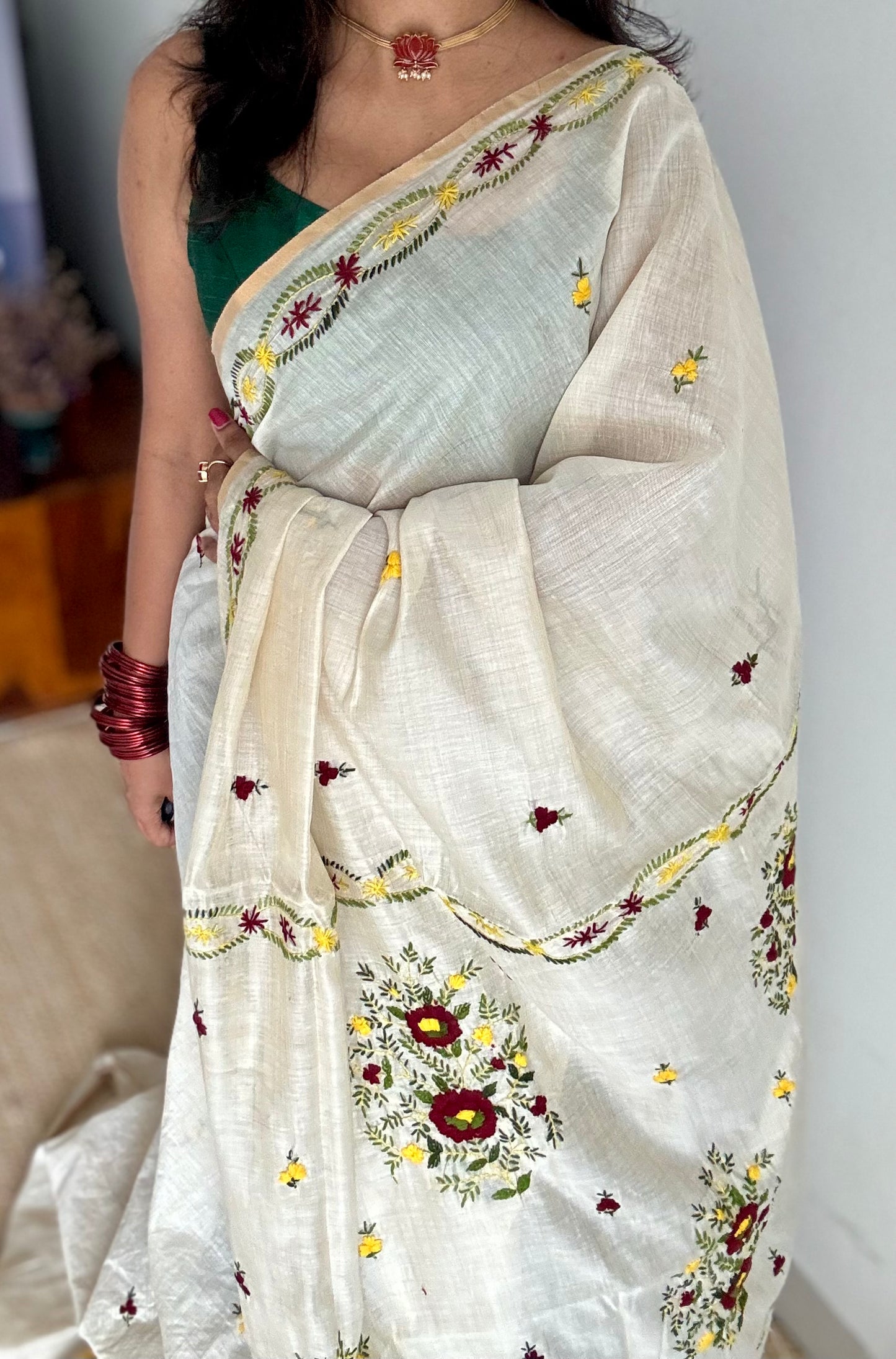 Ivory maheshwari cotton silk blend with deep maroon and light yellow floral kantha threadwork - YCBLJULMK06