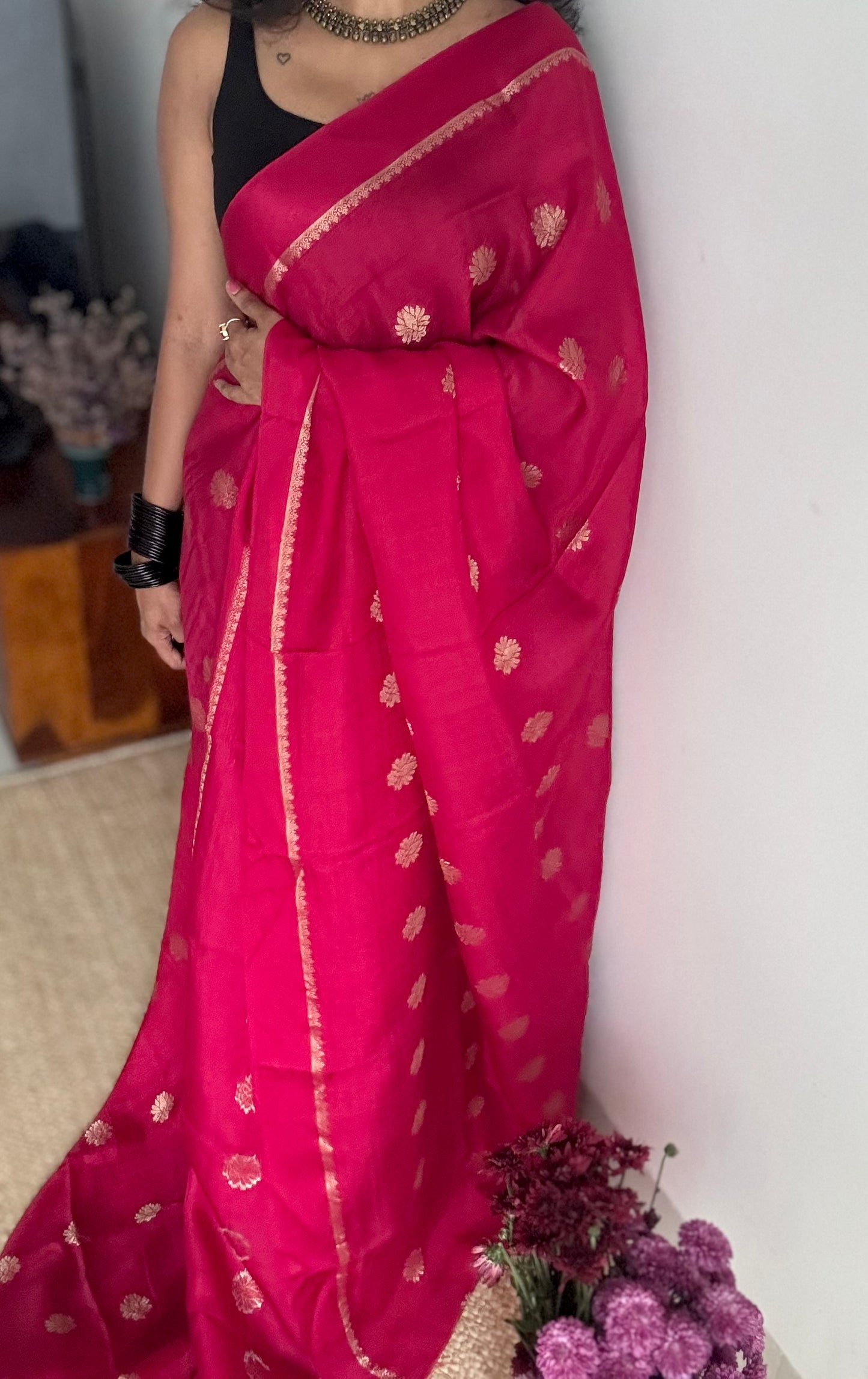 Rani pink in khadi silk, zari motifs - YCDOSFE18