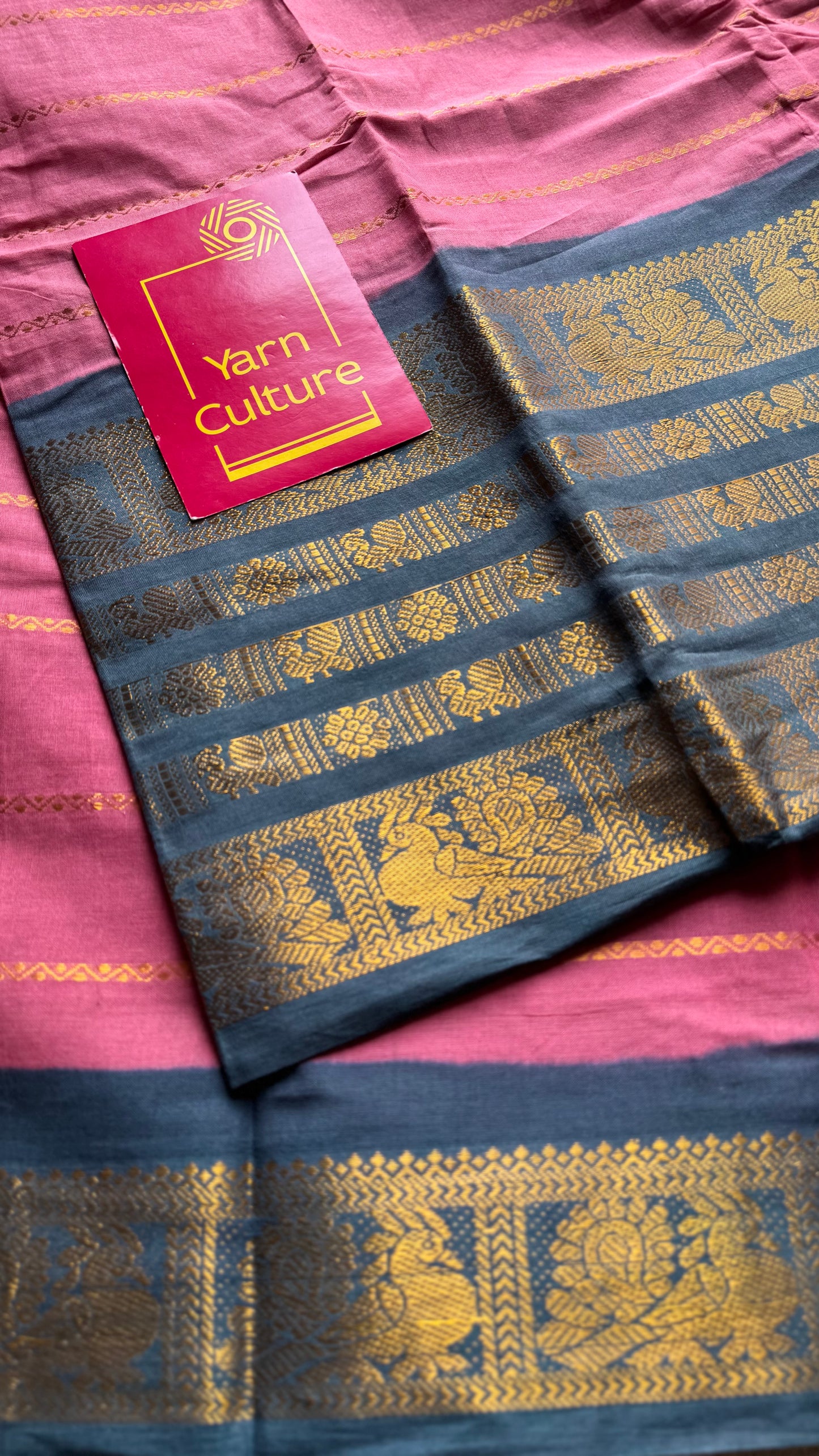 Pink with grey, peacock rudraksham motif, single side broad zari - madurai kattuchayam dyed - YCCOTNAUS32