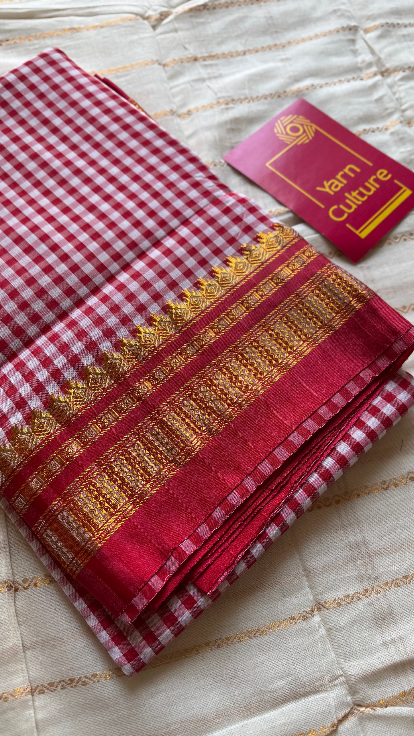 llkal red and white checks with chikki paras border, soft cotton with art silk blend - YCLOKICAP229