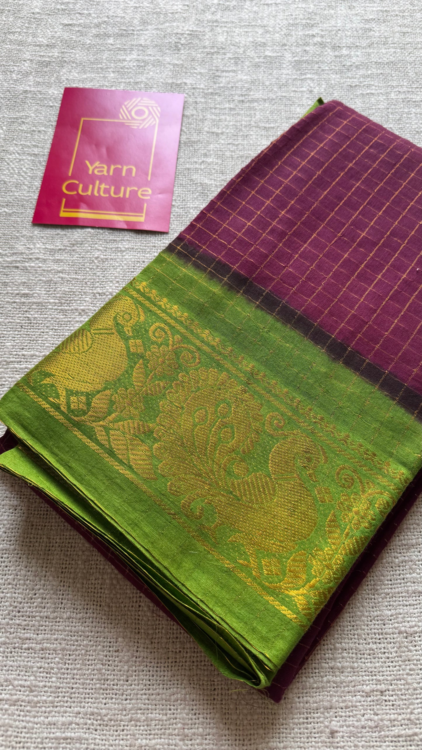Wine with green checkered sungudi, madurai cotton - YCCOTNOCSC25