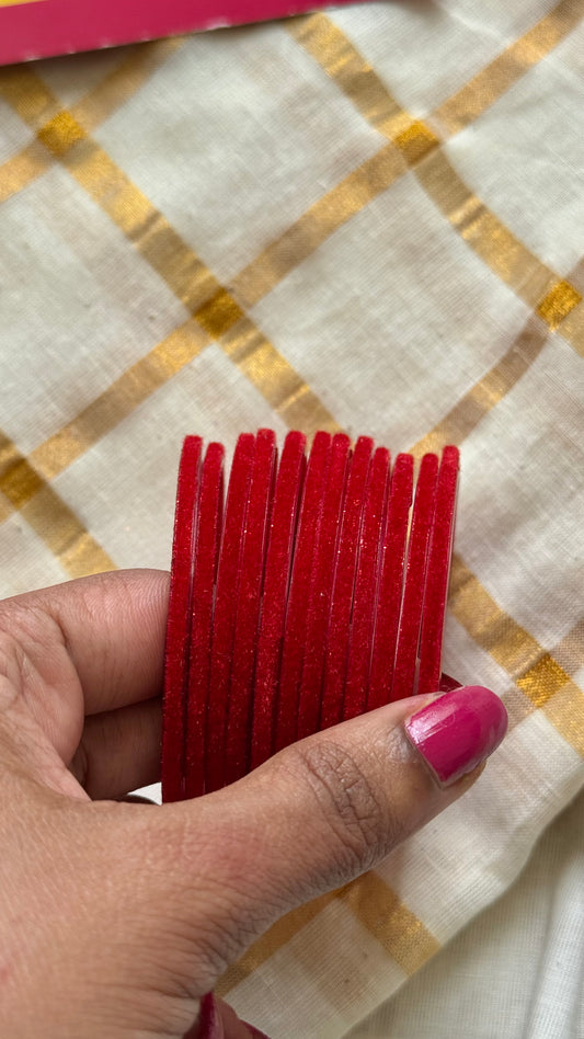 Chilli red velvet glass bangles, set of 12 - YCBANGL365